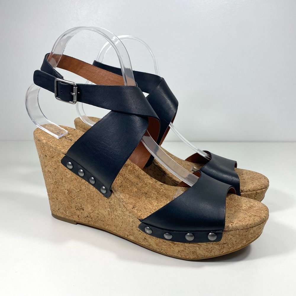 Lucky Brand Missy Black Leather Strappy Studded Cork Platform Wedge Sandals 10